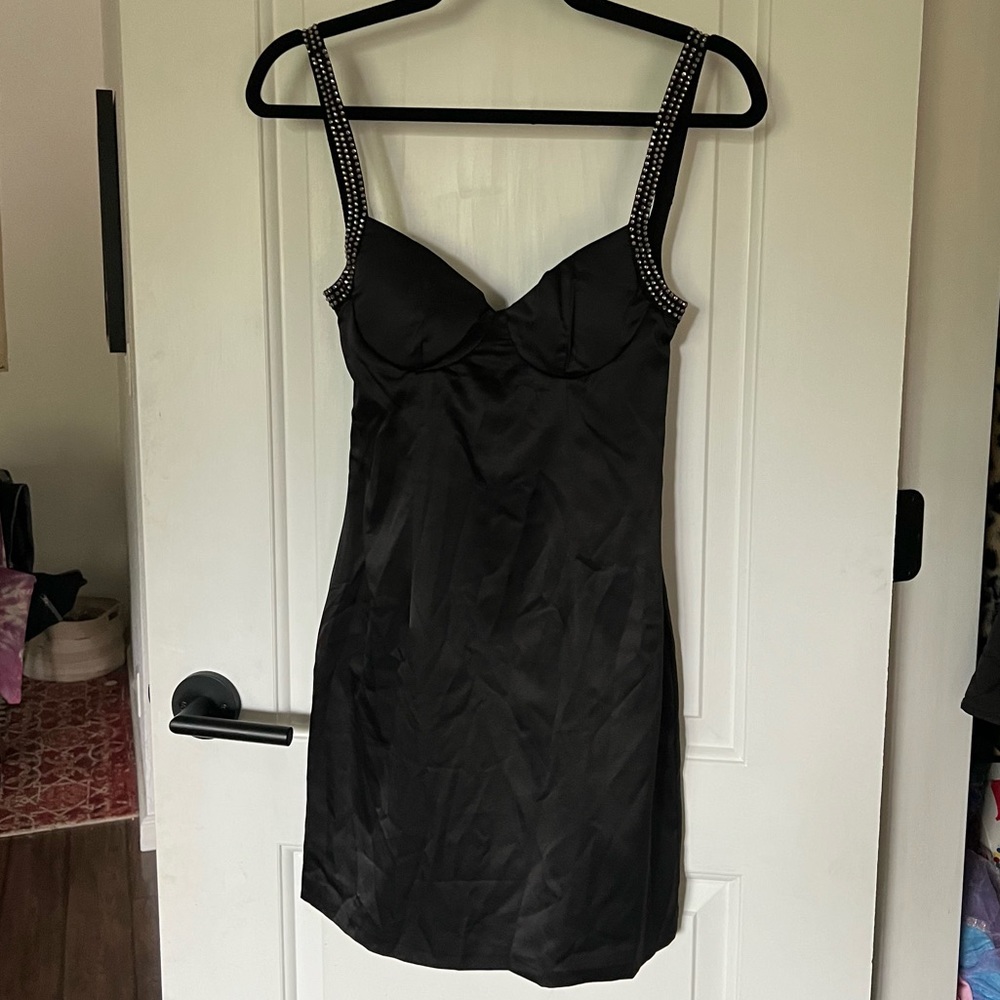 Meshki Black Silk Mini Dress with Rhinestone Straps